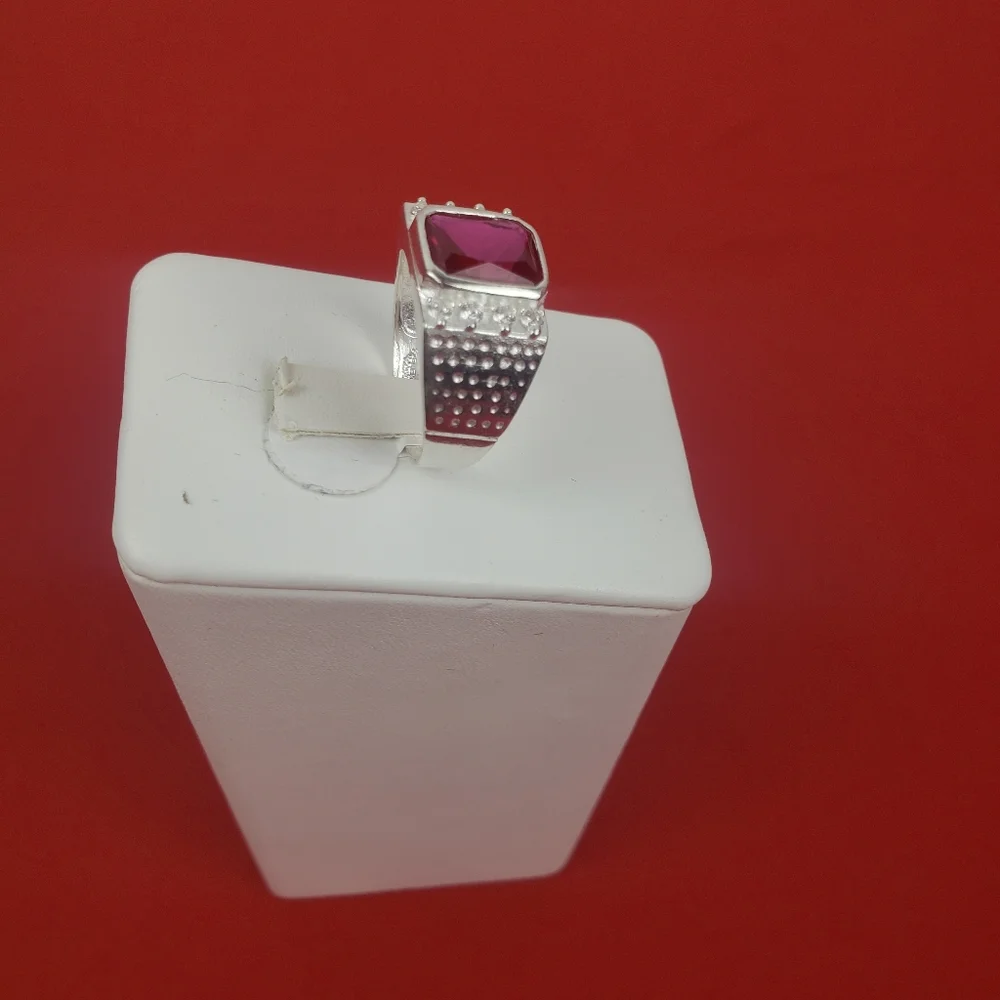 925 sterling‎ silver with Red / White zircon stones mens ring size 8 - Picture 11 of 12